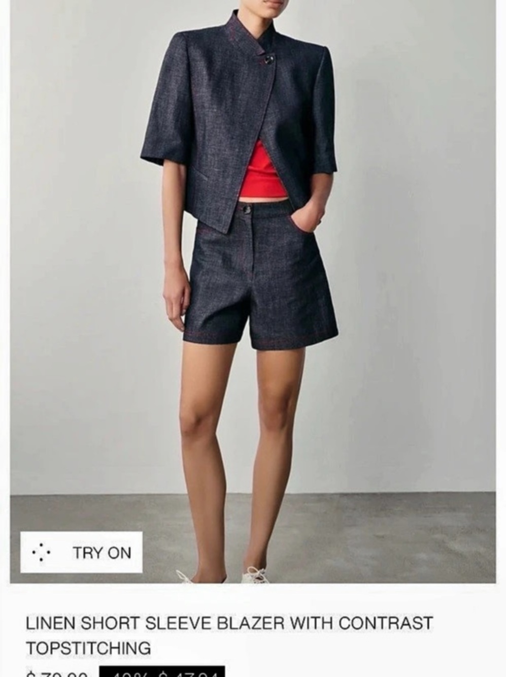 Zara Linen Short Sleeve Blazer with Contrast Topstitching